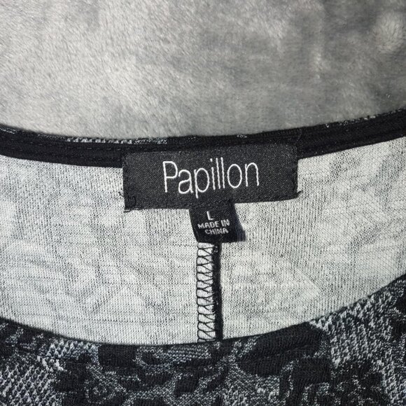 Papillon Womens L Black Floral Fit & Flare Dress Short Sleeve Jacquard Embossed - Picture 3 of 8